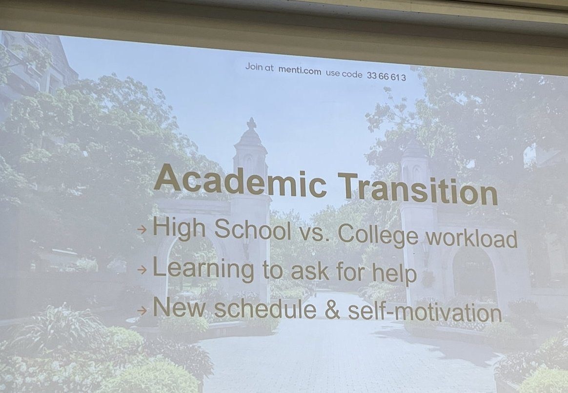 IU Academic Transition orientation slide listing high school versus college workload asking for help and self-motivation