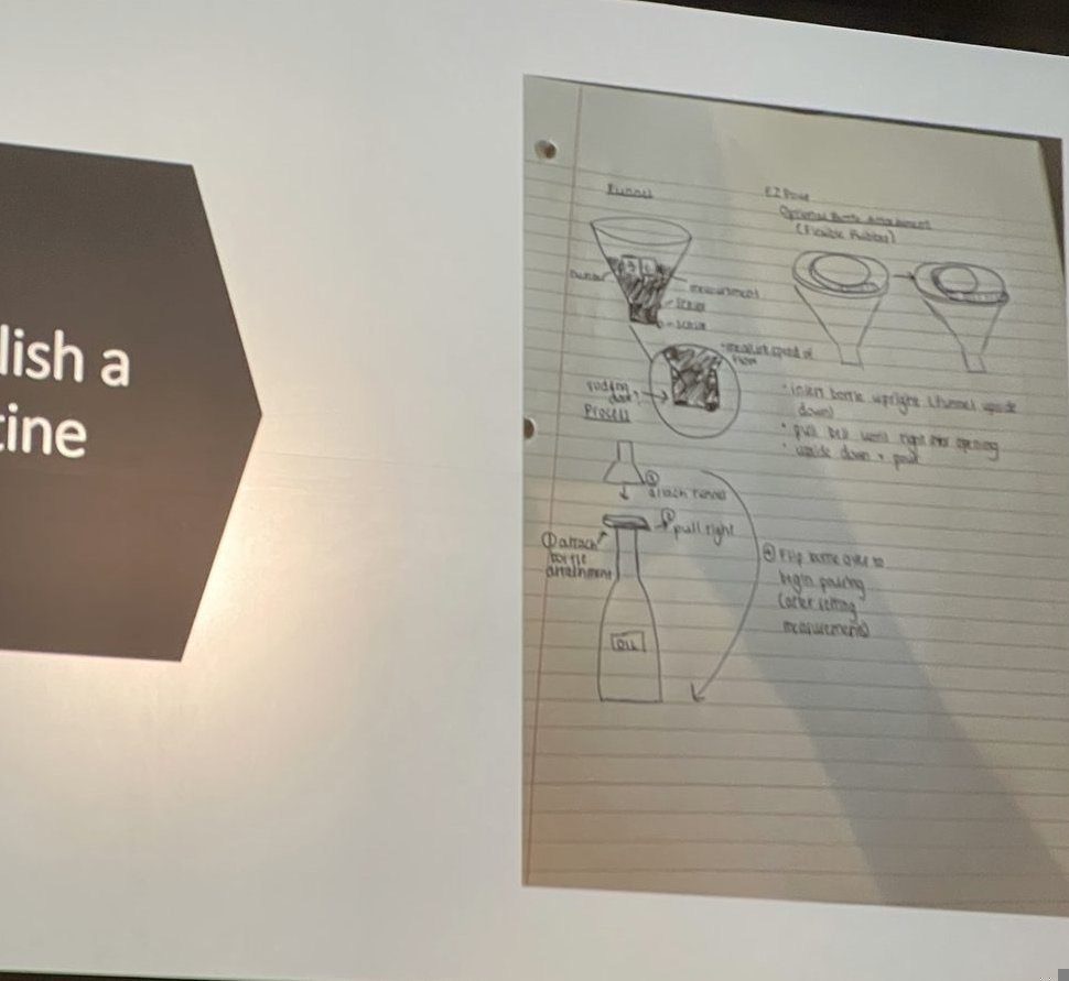 IU orientation slide Establish a routine showing a handwritten EZ Pour design process notebook page as an example of building study habits