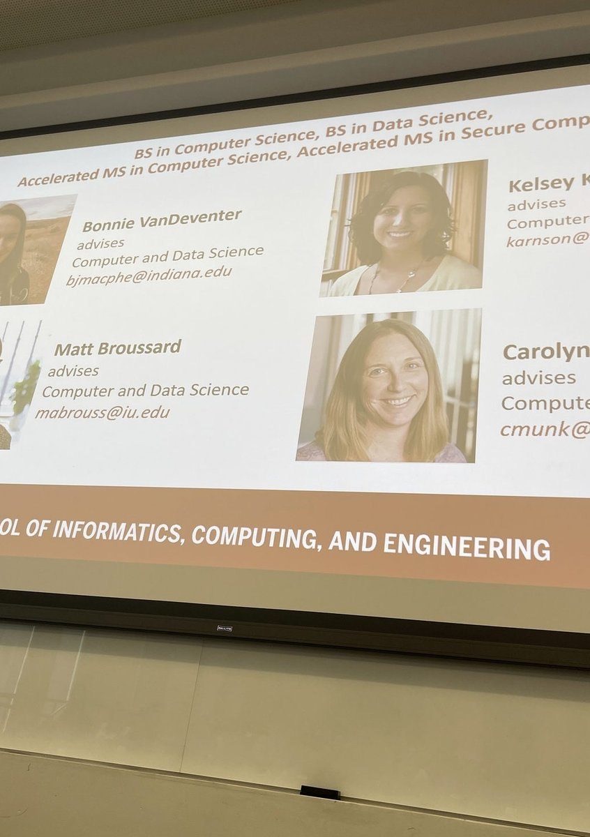 Luddy orientation slide listing Computer Science and Data Science academic advisors with contact emails