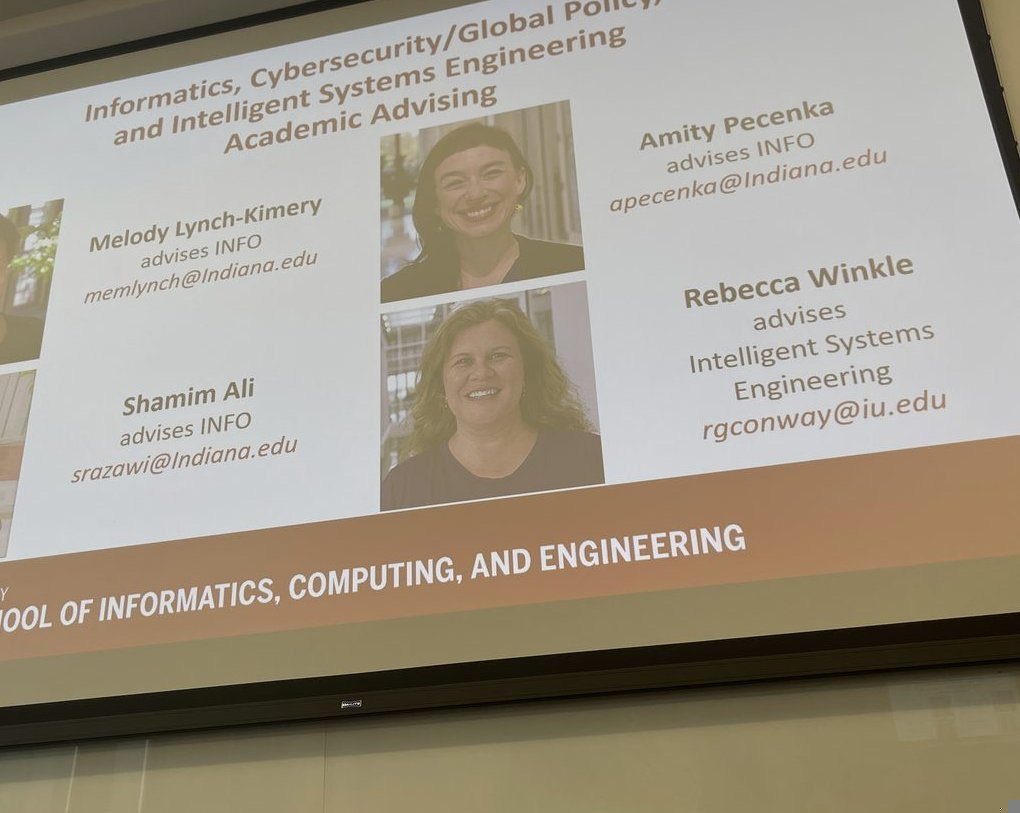 Luddy orientation slide listing Informatics cybersecurity and Intelligent Systems Engineering academic advisors with contact emails