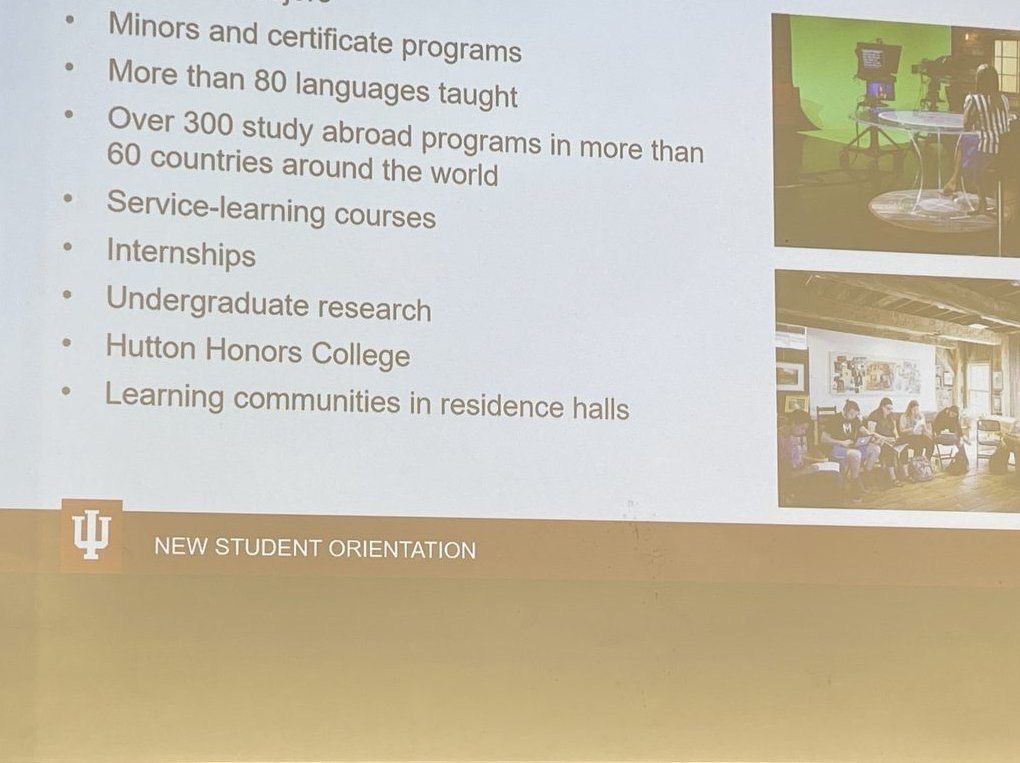 IU Opportunities at IU orientation slide listing majors, languages, and over 300 study abroad programmes