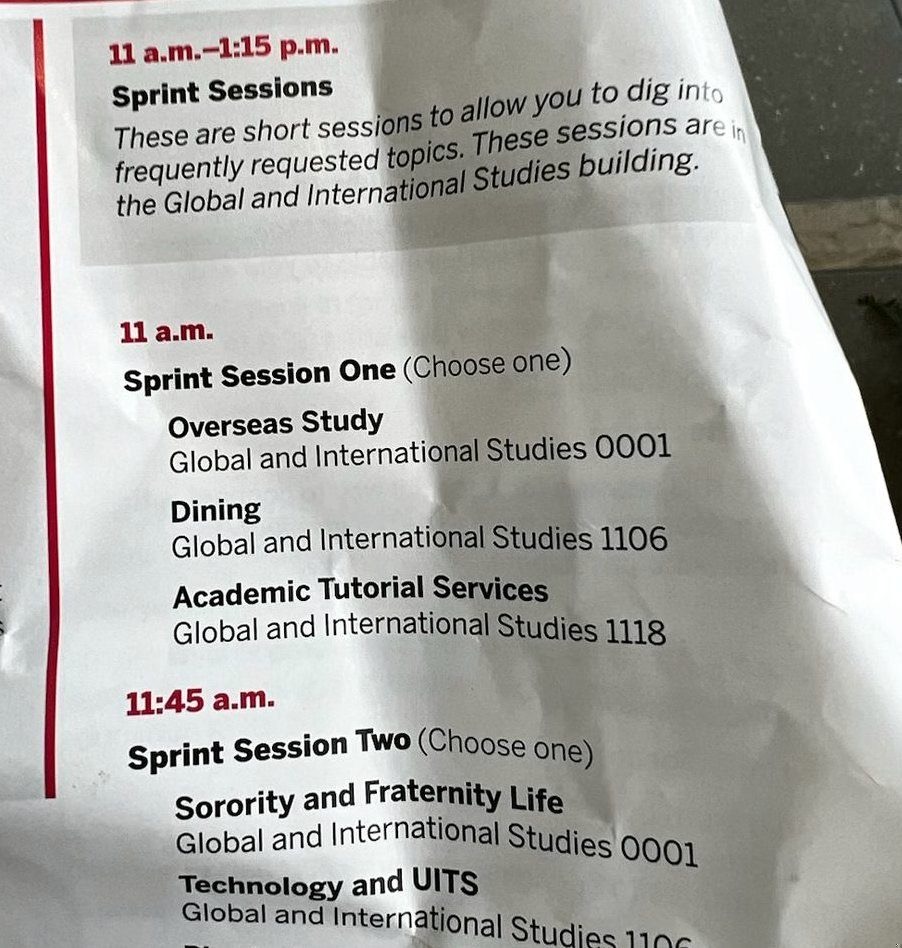 IU orientation Sprint Sessions printed schedule including Overseas Study Dining and health services