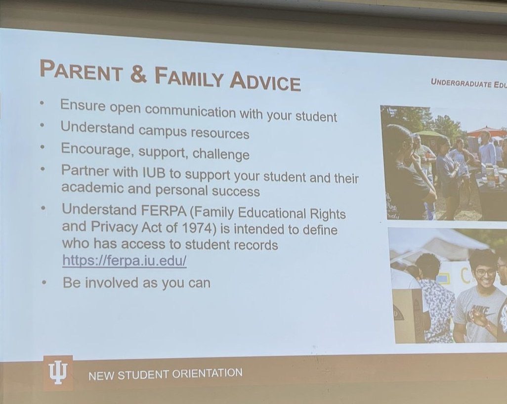 IU Parent and Family Advice orientation slide with FERPA note and tips for supporting students