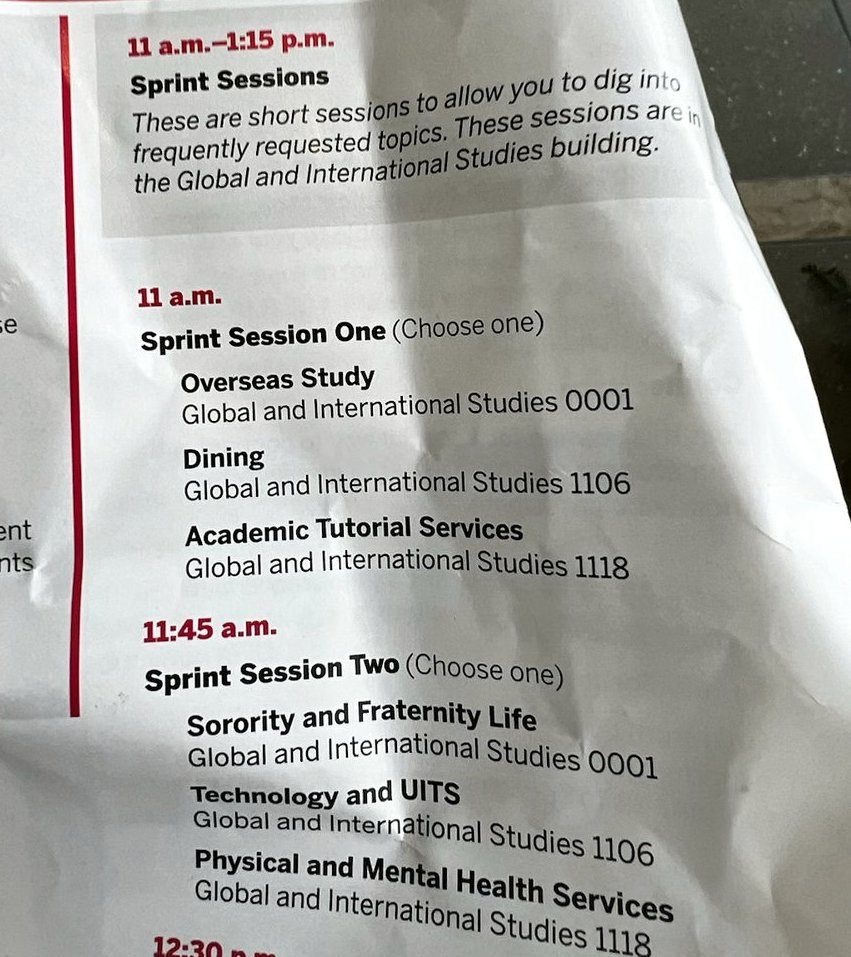 Printed IU orientation Sprint Sessions schedule highlighting the Overseas Study session in the Global and International Studies building